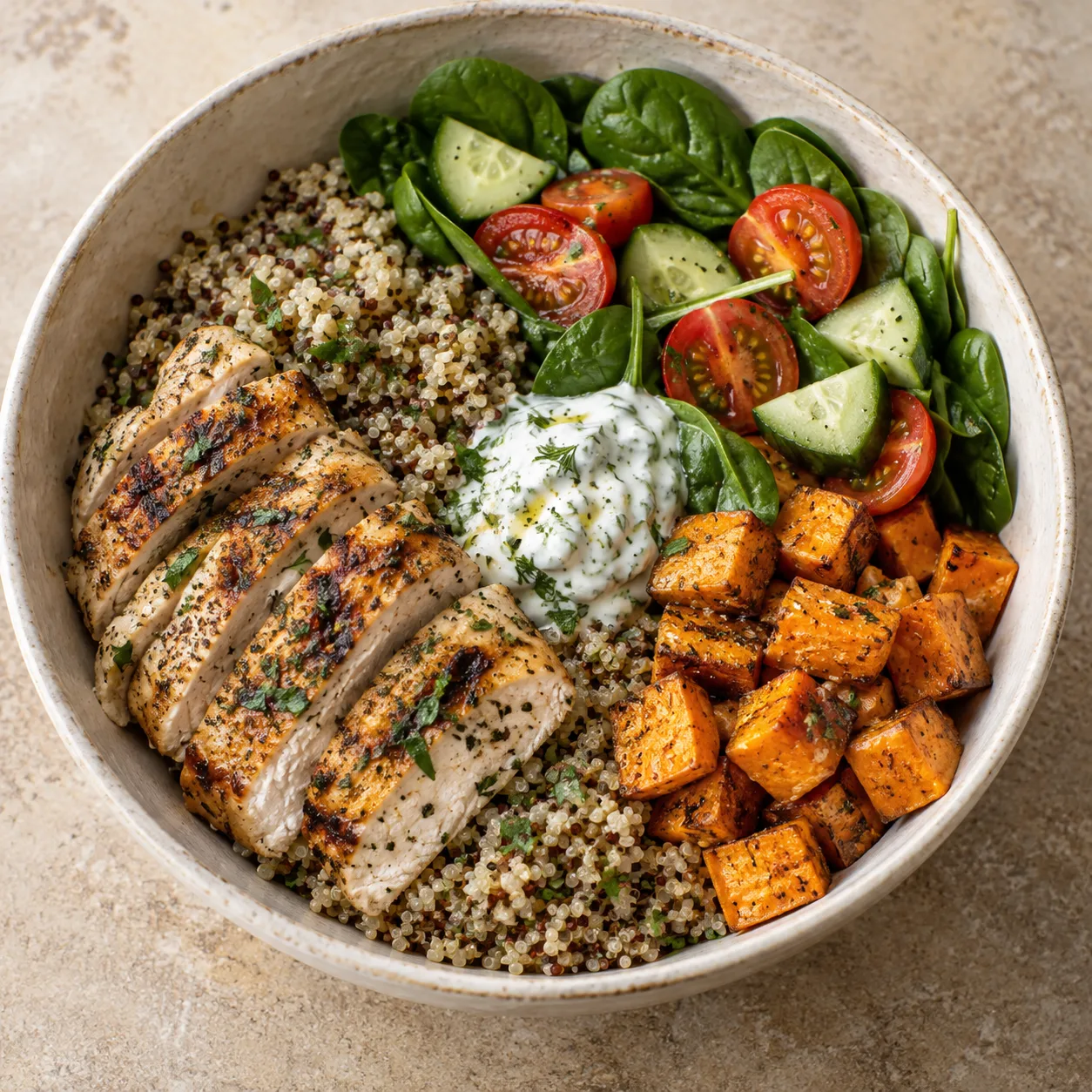 Lemon-herb chicken bowl with quinoa, roasted sweet potato, greens and yogurt dressing.
