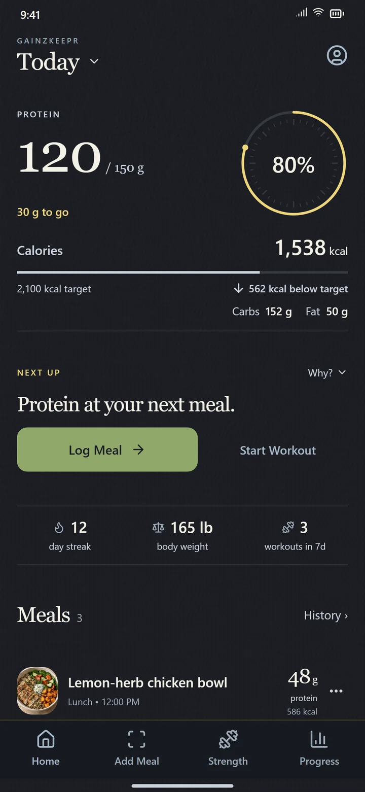 GainzKeepr Today screen in Navy: 120 of 150 grams of protein, calorie balance, meal journal, and Log Meal action. Example data.