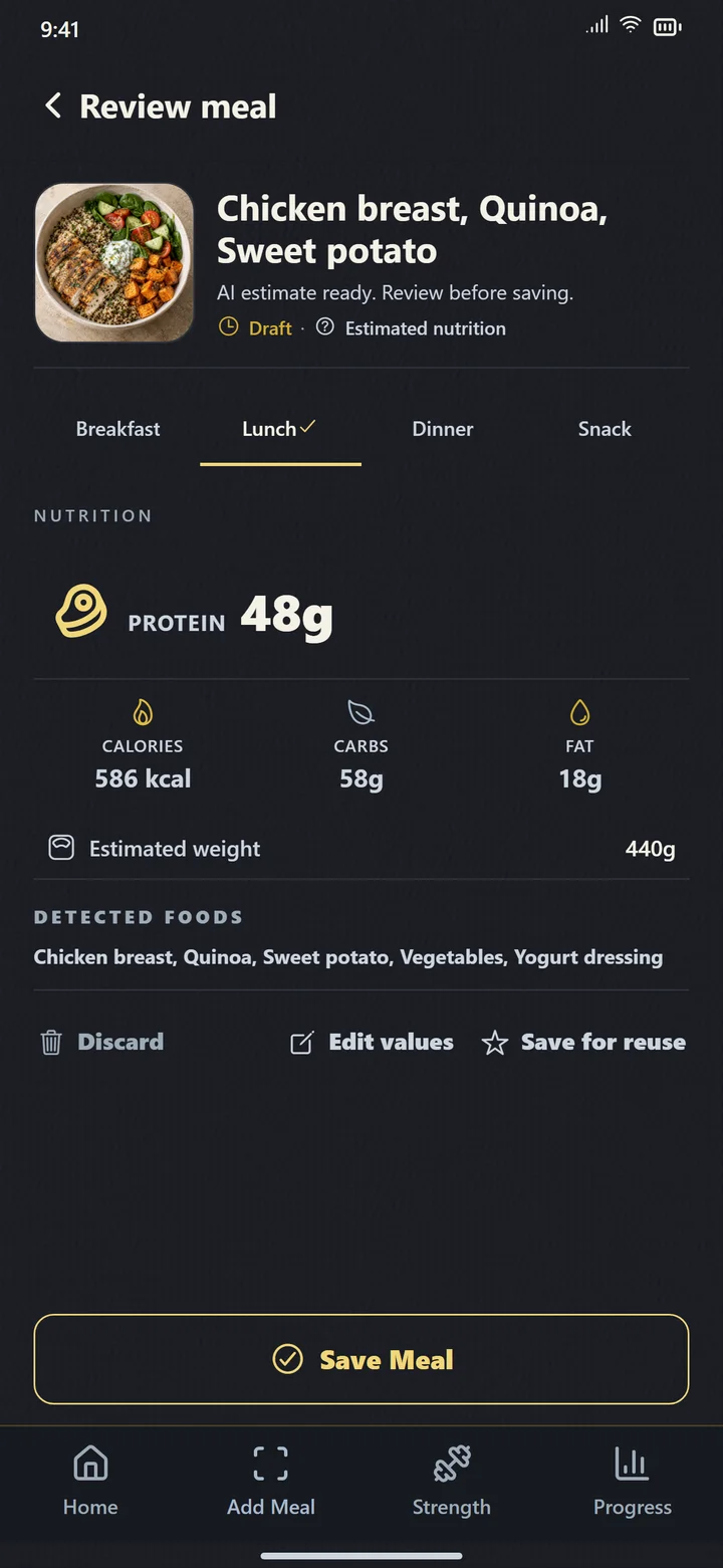 Review the meal before saving. The screenshot contains authored example nutrition, not a validated benchmark.