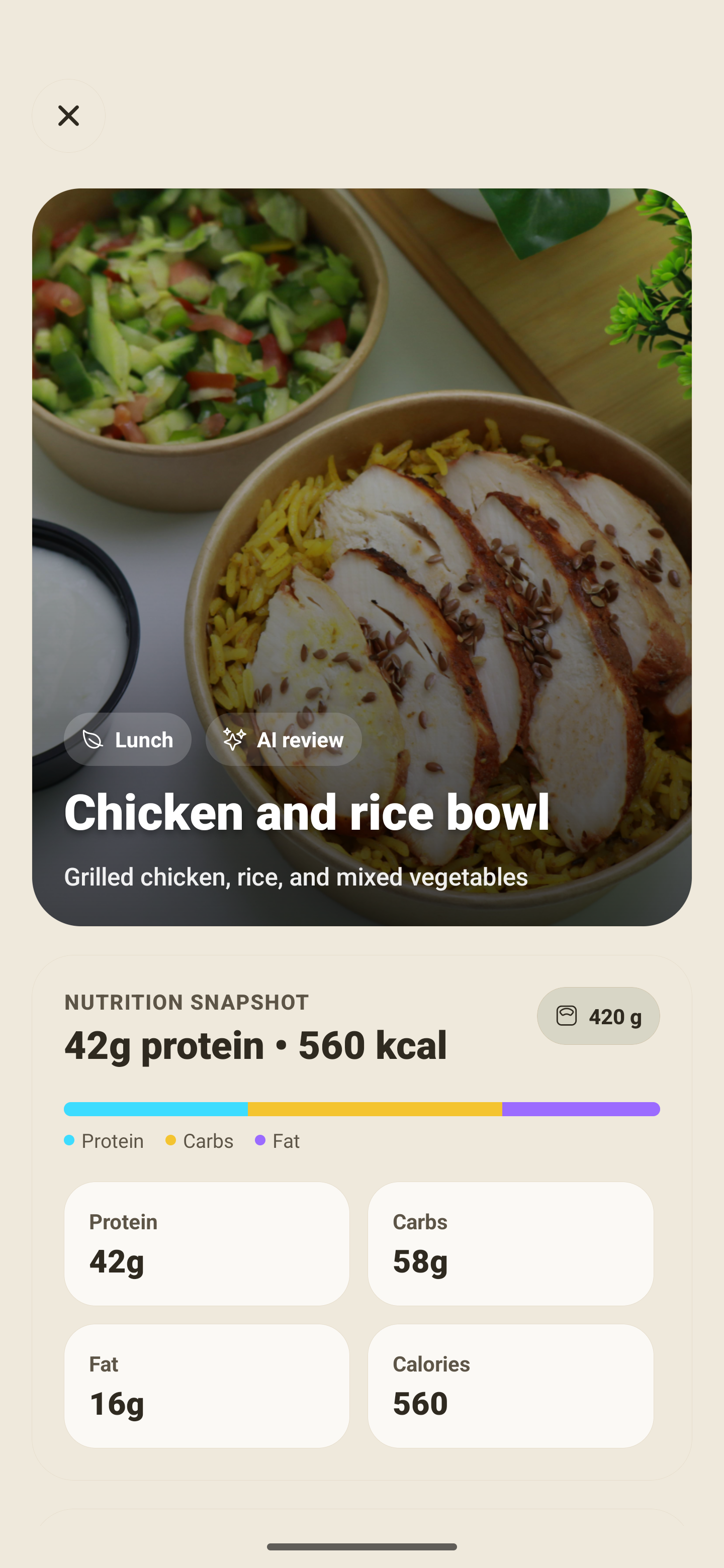 GainzKeepr AI meal review showing a photo-led meal draft